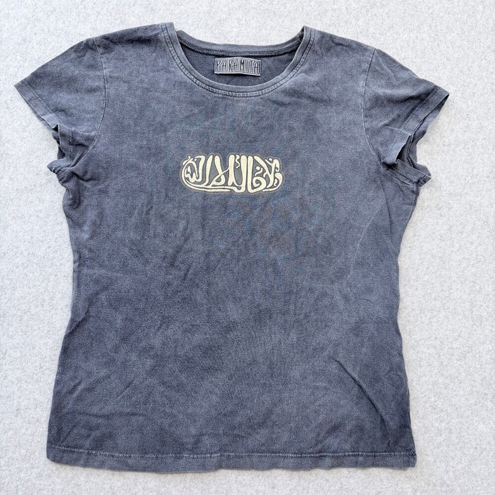 Paramita Women's Top Medium Blue Cotton Graphic Tee Cap Sleeve Cream Design